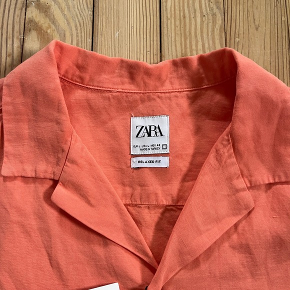 NWT ZARA Men's Coral Linen Blend Short Sleeve Relaxed Fit Camp Collar Shirt L - Picture 3 of 8